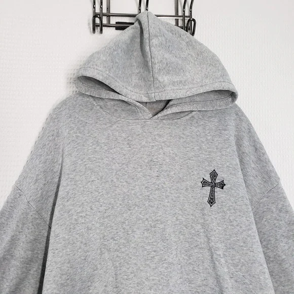 Womens Grey Hoodie XL Cross Print Graphic Hooded Sweatshirt Pullover Trap Goth - Picture 8 of 16